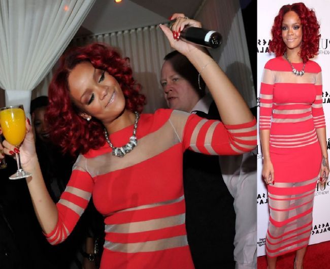 Rihanna tine la traditie: a purtat de Revelion o rochie rosie FOTO!