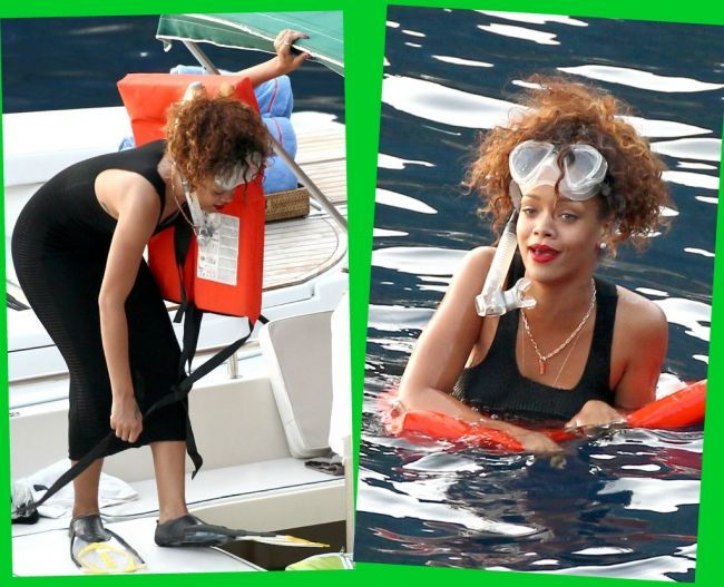 De rasul lumii: Rihanna a facut scufundari in rochie, machiata si cu bijuterii!