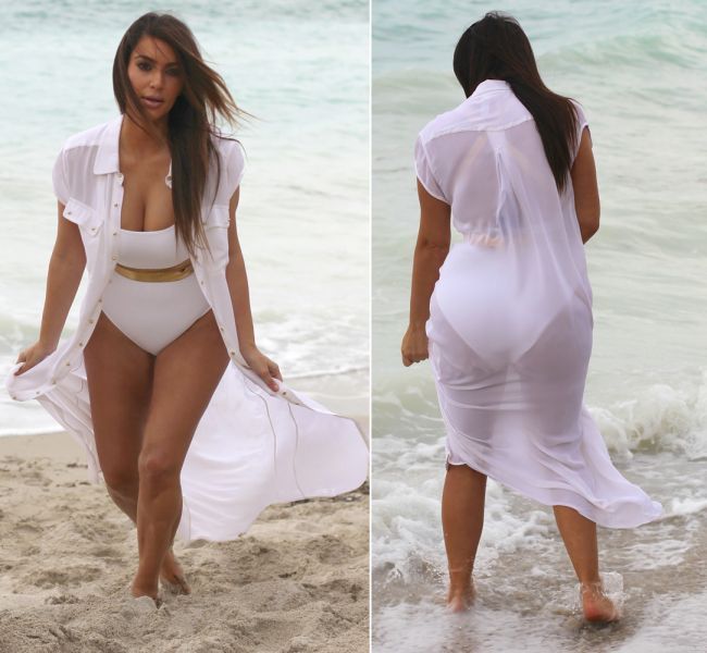 Kim Kardashian si-a sugrumat talia intr-un costum de baie alb. Iti place cum arata?