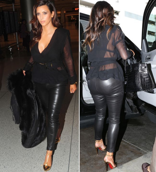 Cum se imbraca o milionara la aeroport: Kim Kardashian intr-o pereche de pantaloni de piele mulati, pantofi stiletto si o haina de blana, la 30 de grade